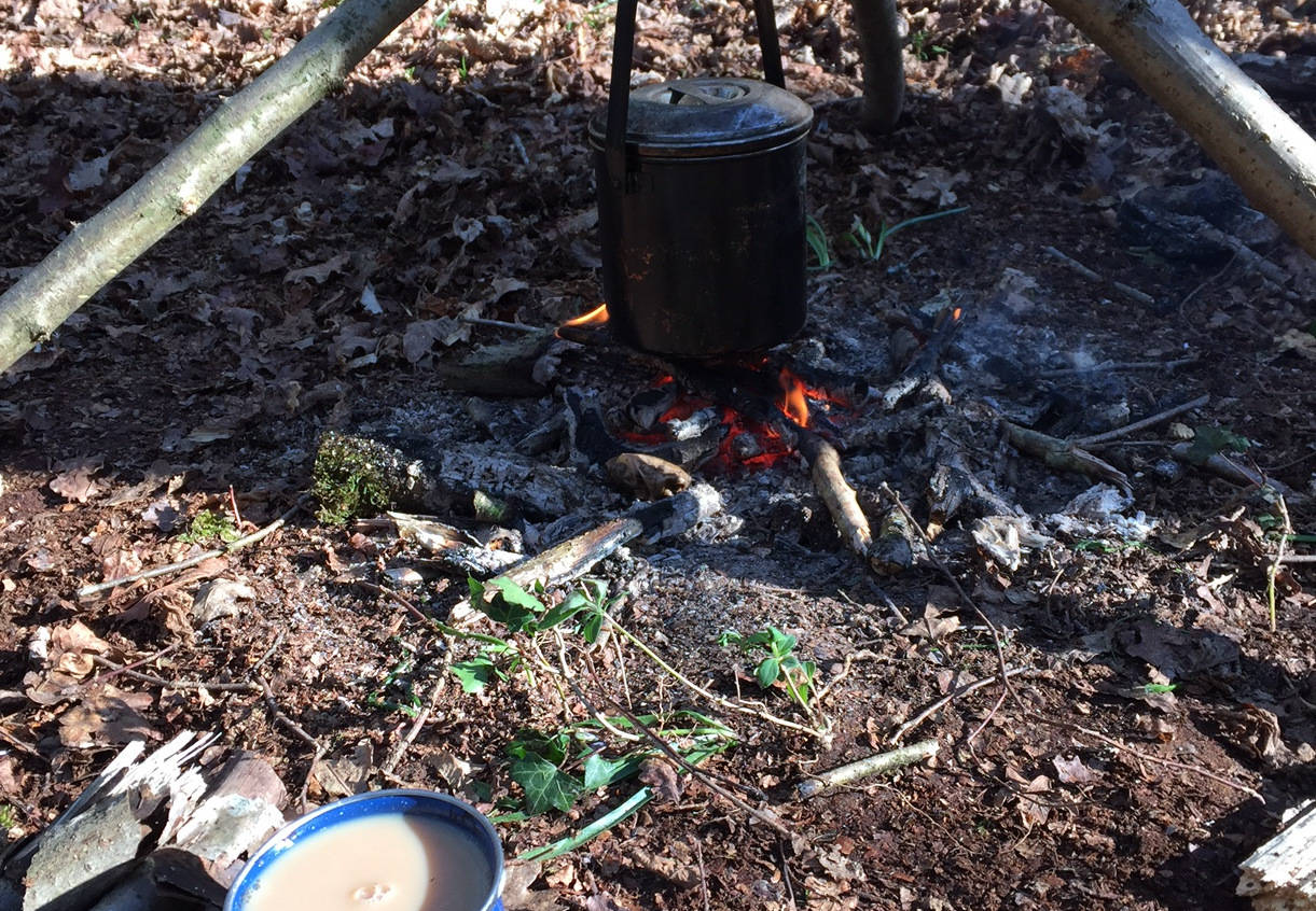 A pot of tea being made over a fire in the woods