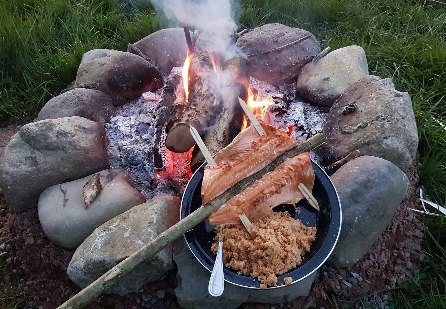 A photograph of cooked trout next to a campfire